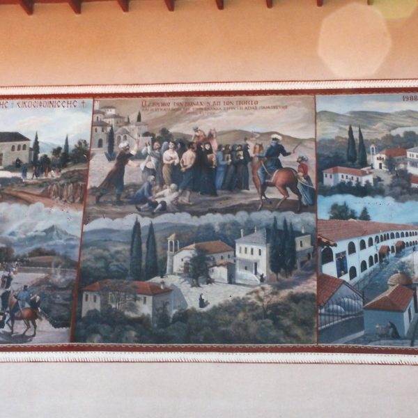 Λεπτομέρεια από την τοιχογραφία όπου εξιστορεί σε 6 παραστάσεις την Ιστορία της Μονής.