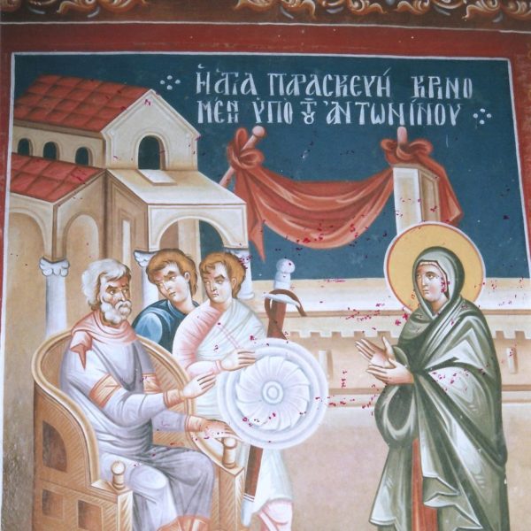 Τοιχογραφία εσωτερικά του Ναού της Αγίας Παρασκευής, λεπτομέρεια από τη ζωή της Αγίας Παρασκευής.